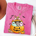 Violet Comfort Colors T-shirt mockup showing Preppy Pumpkin Ghost Halloween design