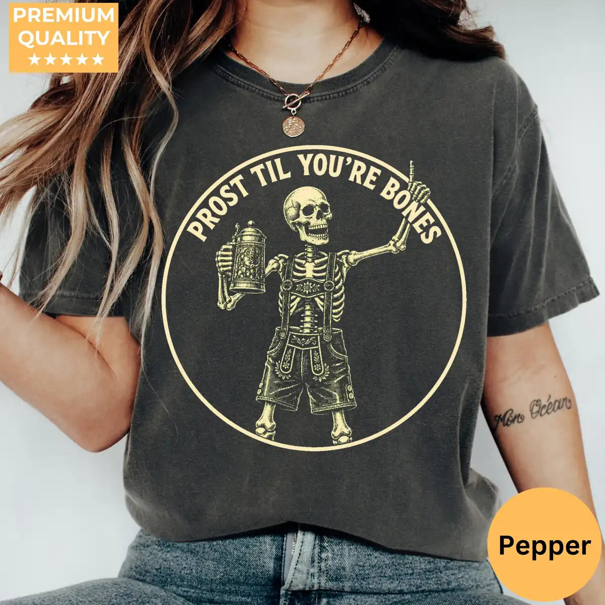 Pepper Comfort Colors T-shirt featuring Prost Til Youre Bones Halloween print