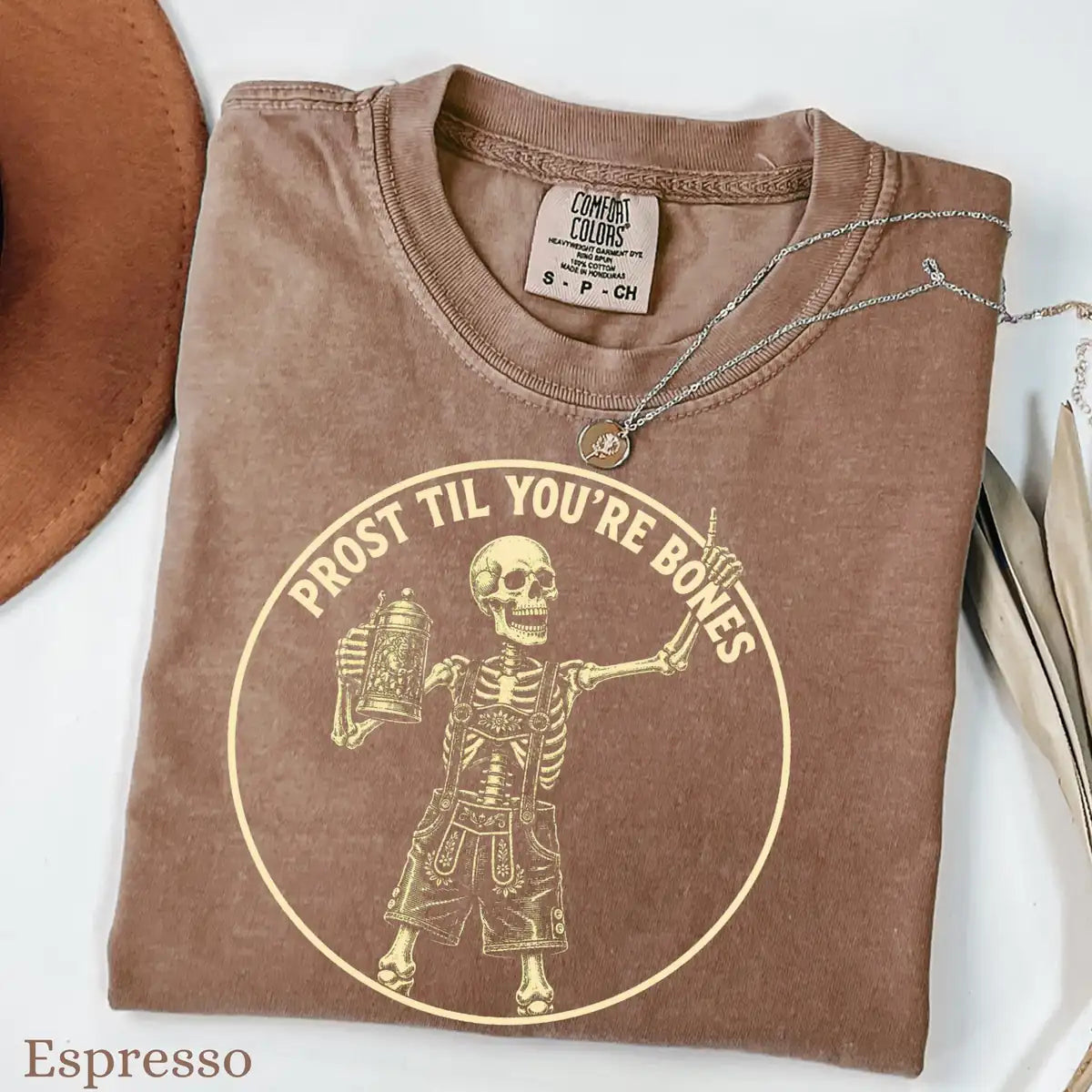 Woman wearing Pepper Prost Til Youre Bones - Oktoberfest Skeleton Halloween Comfort Colors T-Shirt
