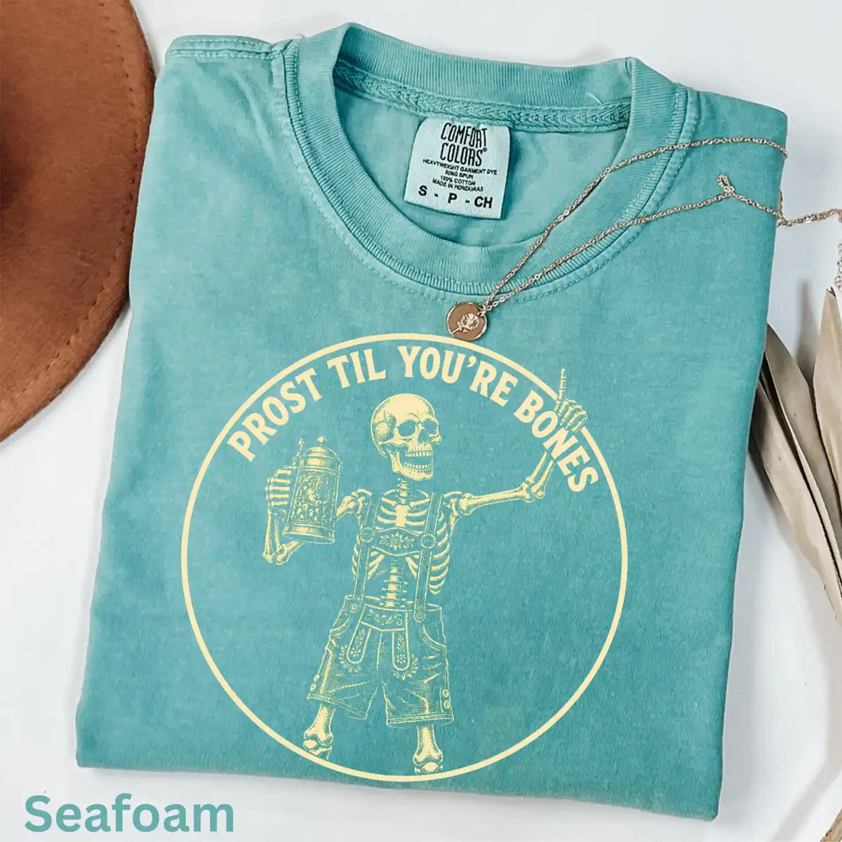 Woman wearing Espresso Prost Til Youre Bones - Oktoberfest Skeleton Halloween Comfort Colors T-Shirt