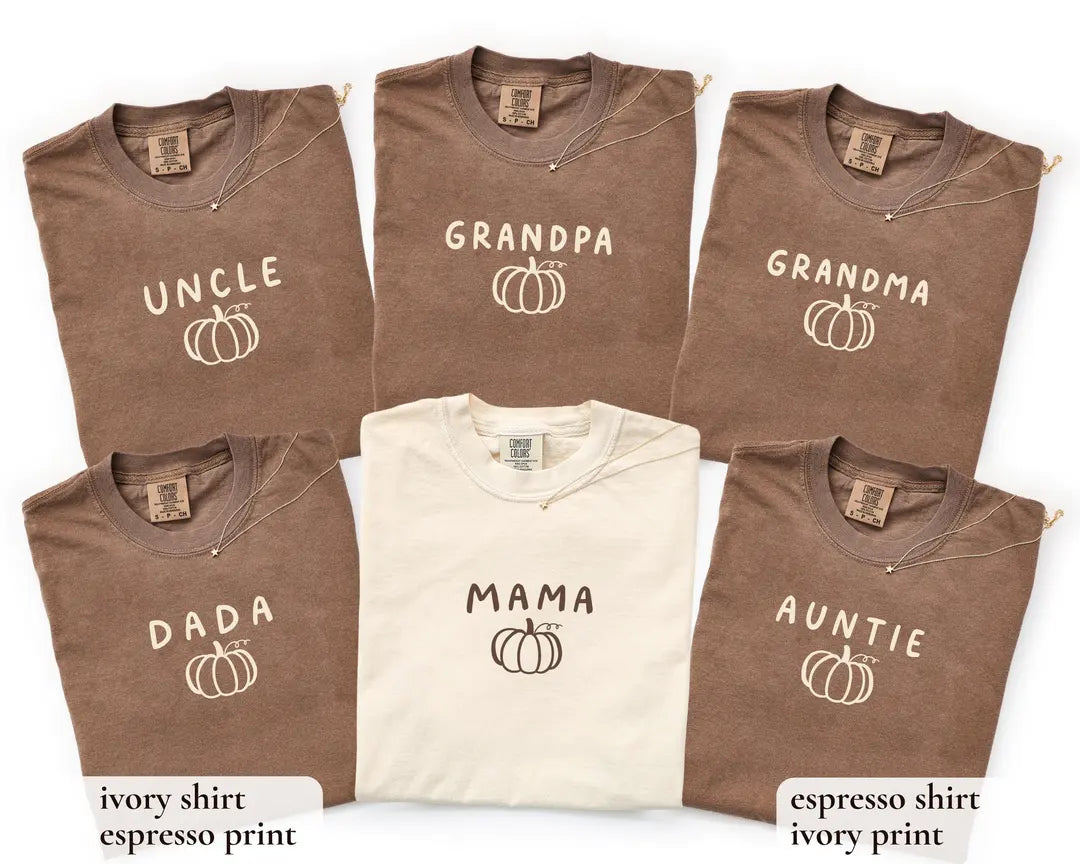 Pumpkin Birthday Family Shirts graphic Comfort Colors T-shirt in Espresso, additional product photograph.