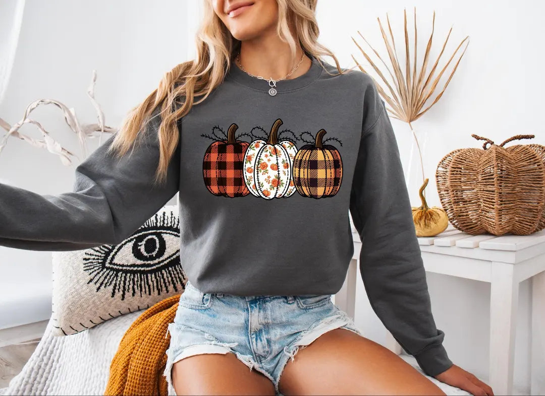Pumpkin Season Autumn Outfit sweatshirt on a model in Charcoal.