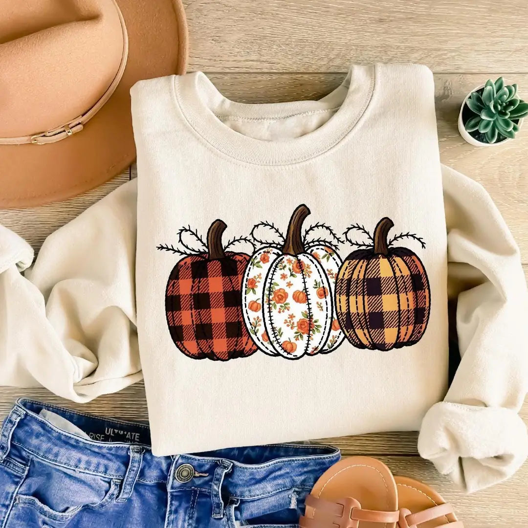 Pumpkin Season Autumn Outfit crewneck sweatshirt pictured in Sand.