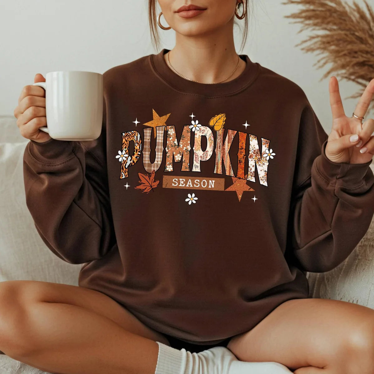 Pumpkin Season crewneck sweatshirt in Dark Chocolate.