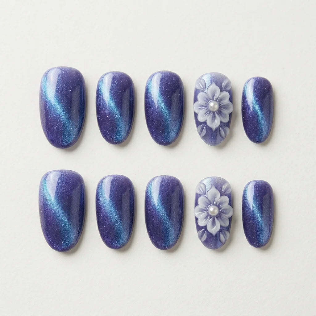 purple blue 3d cat eye almond press on nails flower pearl flat lay 05