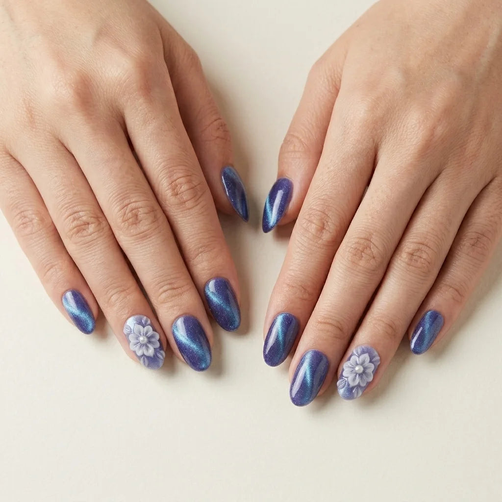 purple blue 3d cat eye almond press on nails flower pearl lifestyle 02