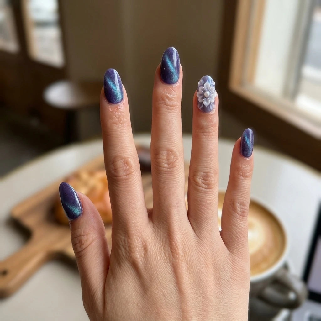 purple blue 3d cat eye almond press on nails flower pearl lifestyle 03
