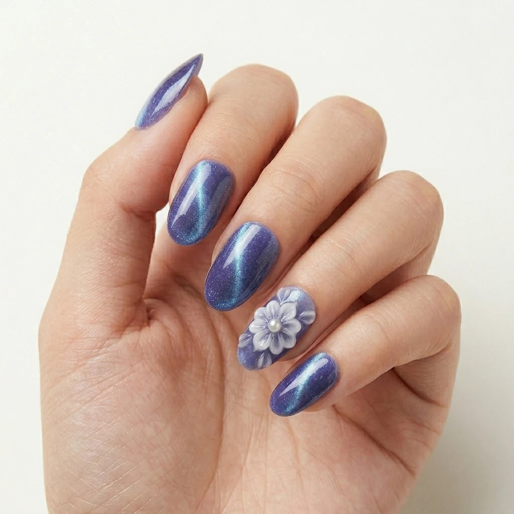 purple blue 3d cat eye almond press on nails flower pearl lifestyle 04