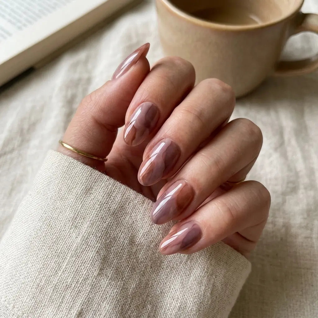 purple brown marble almond press on nails flat lay 01