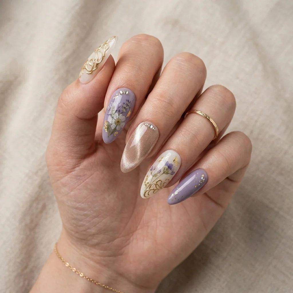 purple cat eye almond medium press on nails floral flat lay 01