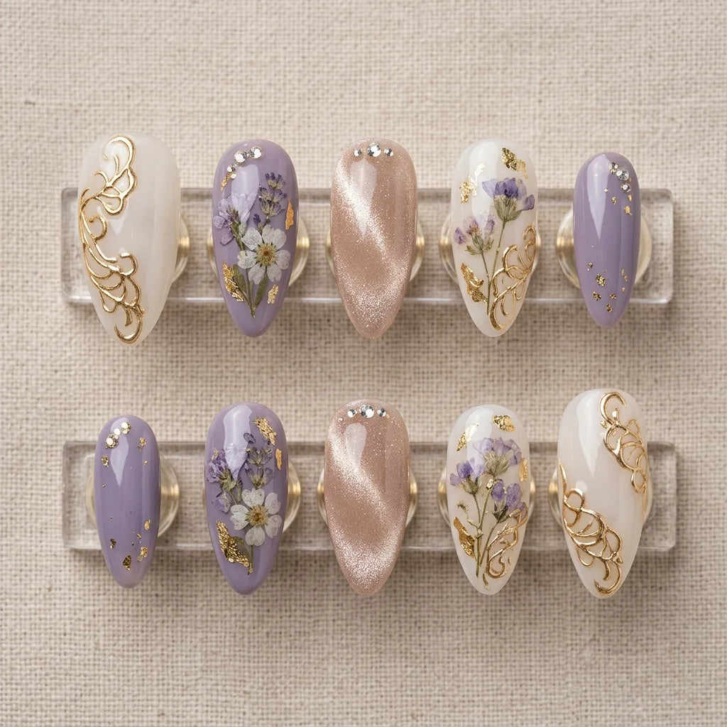 purple cat eye almond medium press on nails floral mockup 02