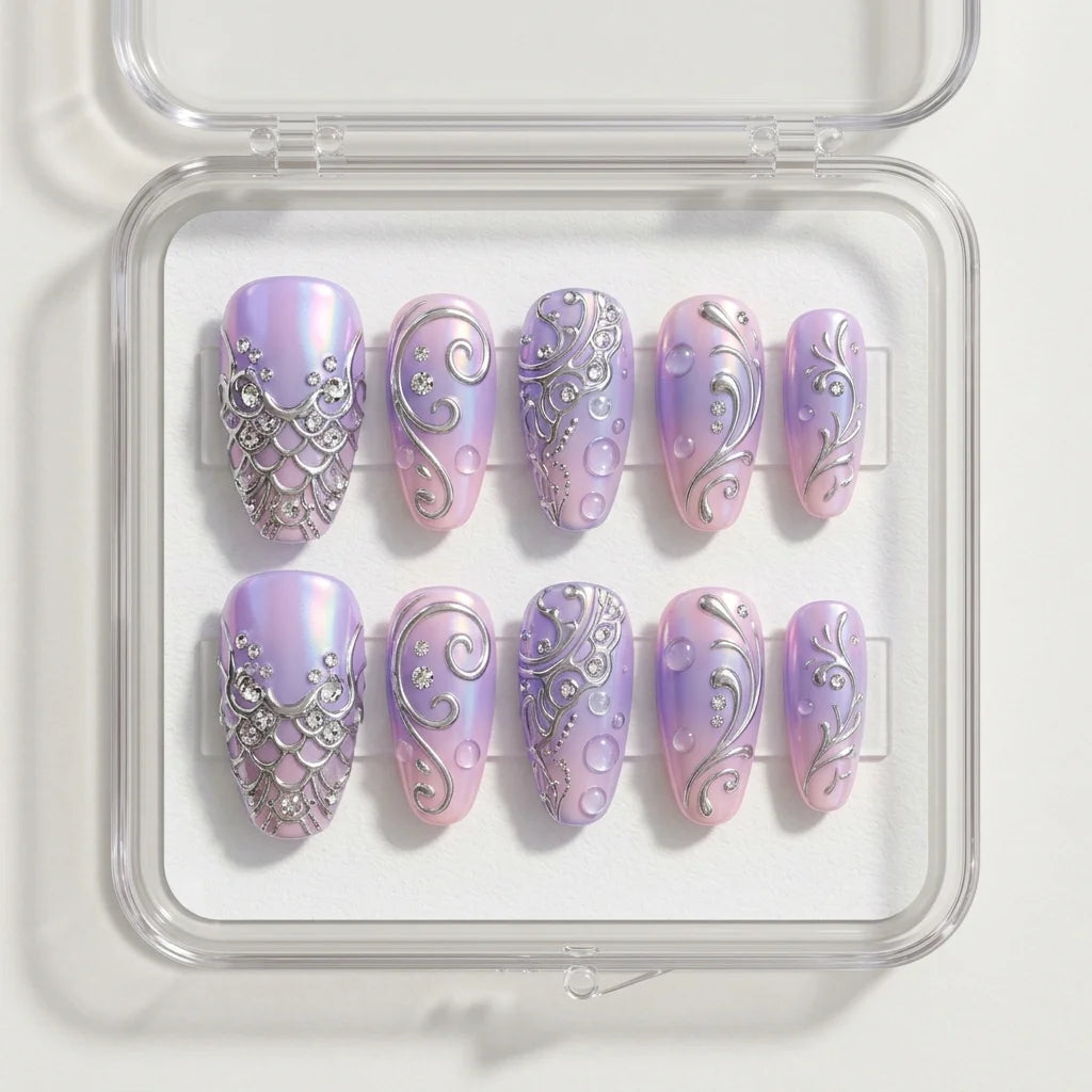 purple chrome aura almond long press on nails 3d silver swirl scale flat lay 01