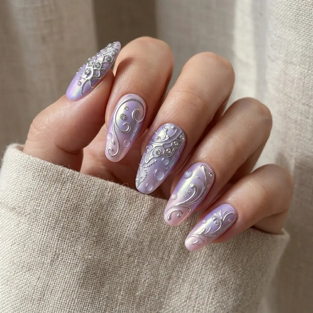 purple chrome aura almond long press on nails 3d silver swirl scale mockup 01
