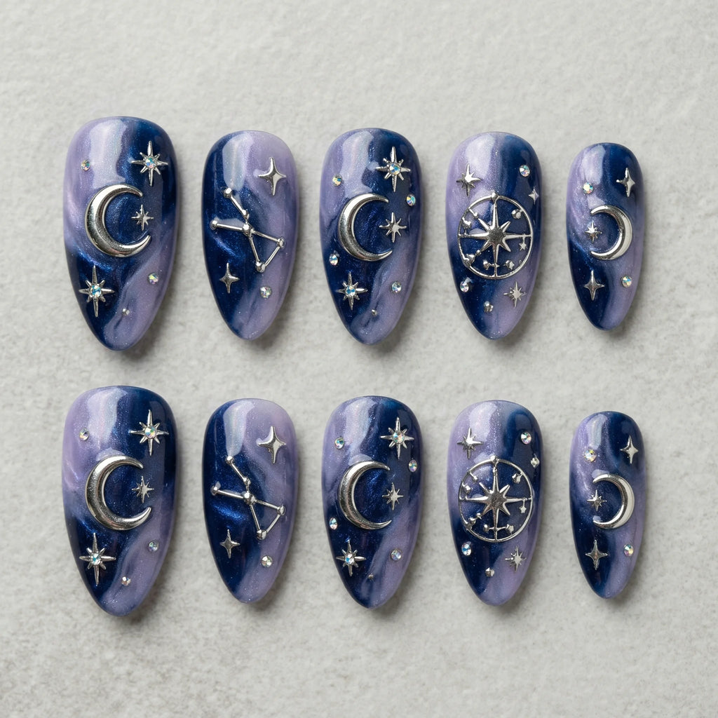 purple marble almond medium press on nails silver astrology flat lay 01