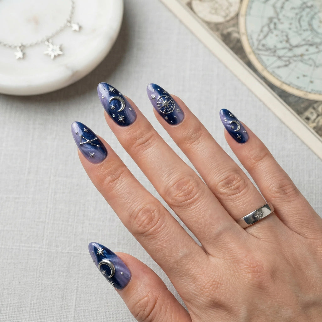 purple marble almond medium press on nails silver astrology lifestyle 02