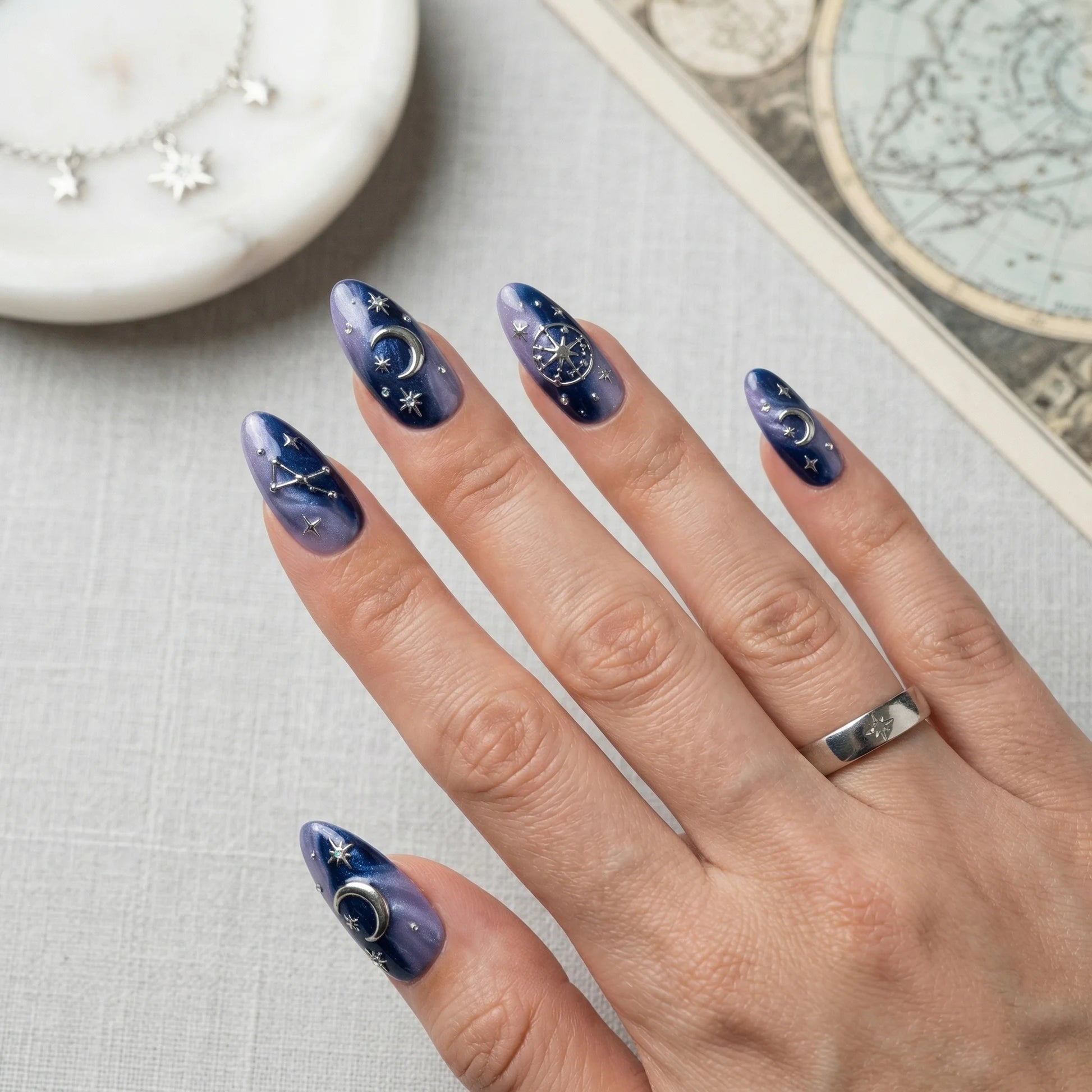 purple marble almond medium press on nails silver astrology lifestyle 02
