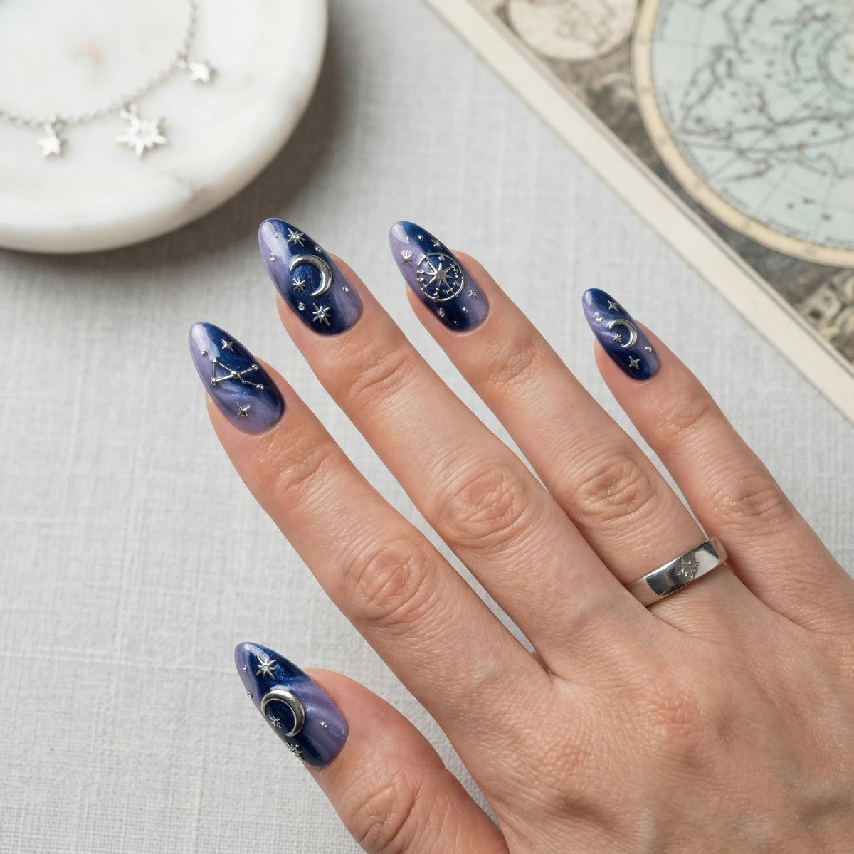 purple marble almond medium press on nails silver astrology lifestyle 02