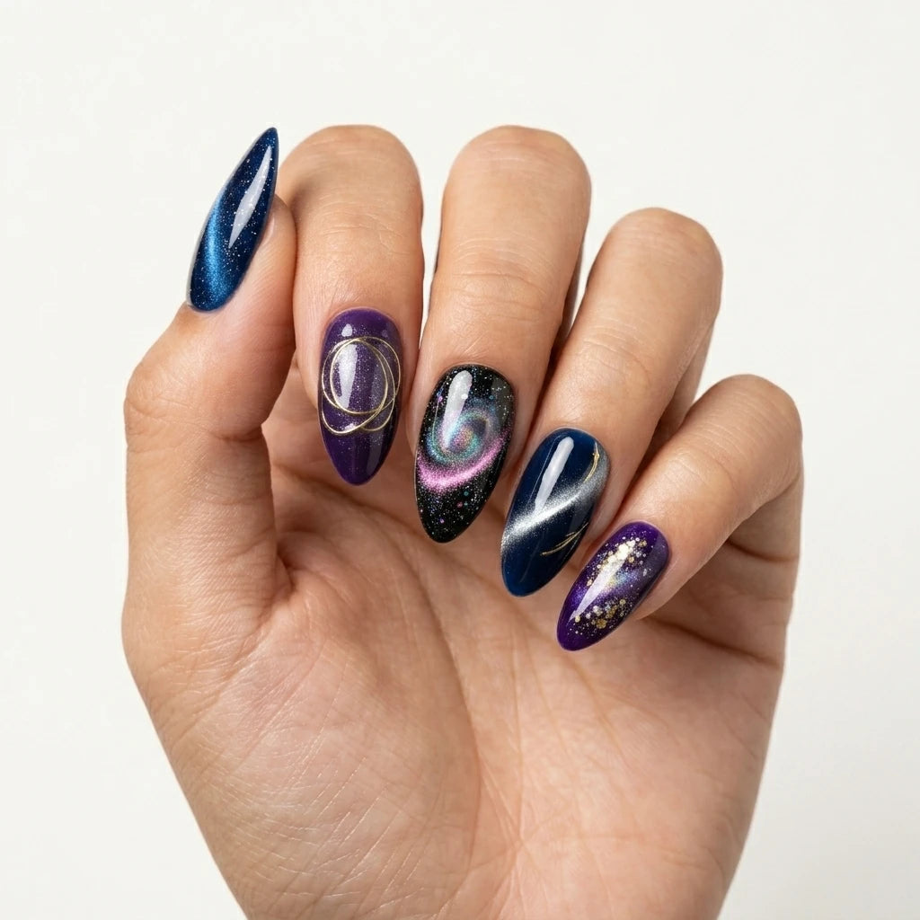 purple navy black cat eye almond press on nails galaxy nebula glitter detail 01