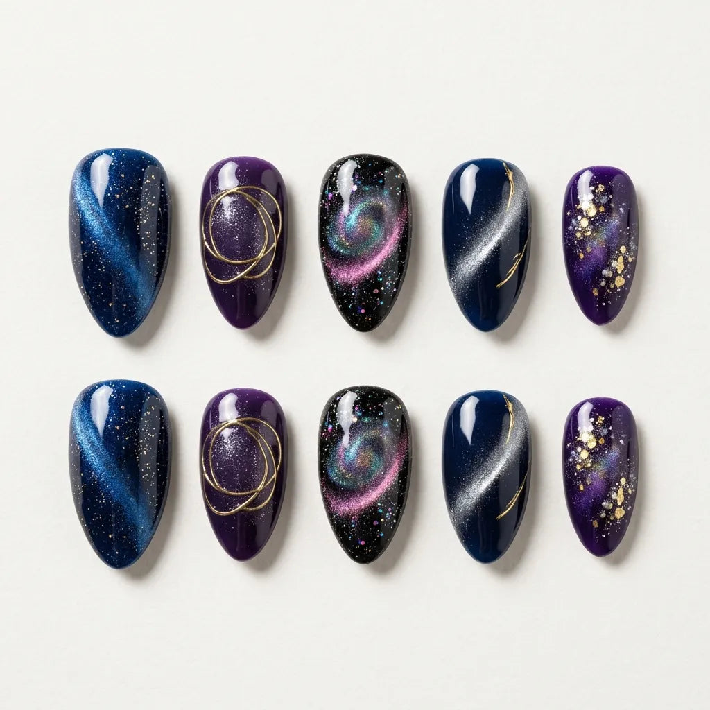 purple navy black cat eye almond press on nails galaxy nebula glitter lifestyle 01