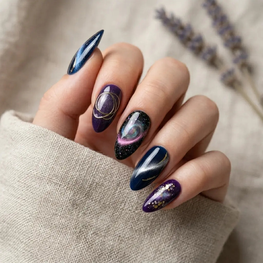 purple navy black cat eye almond press on nails galaxy nebula glitter mockup 01