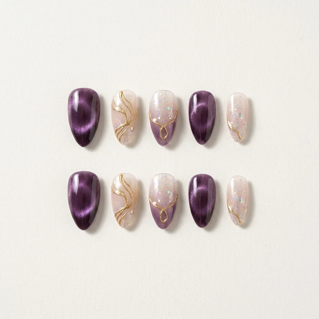 purple nude 3d cat eye almond press on nails gold wave glitter flat lay 01
