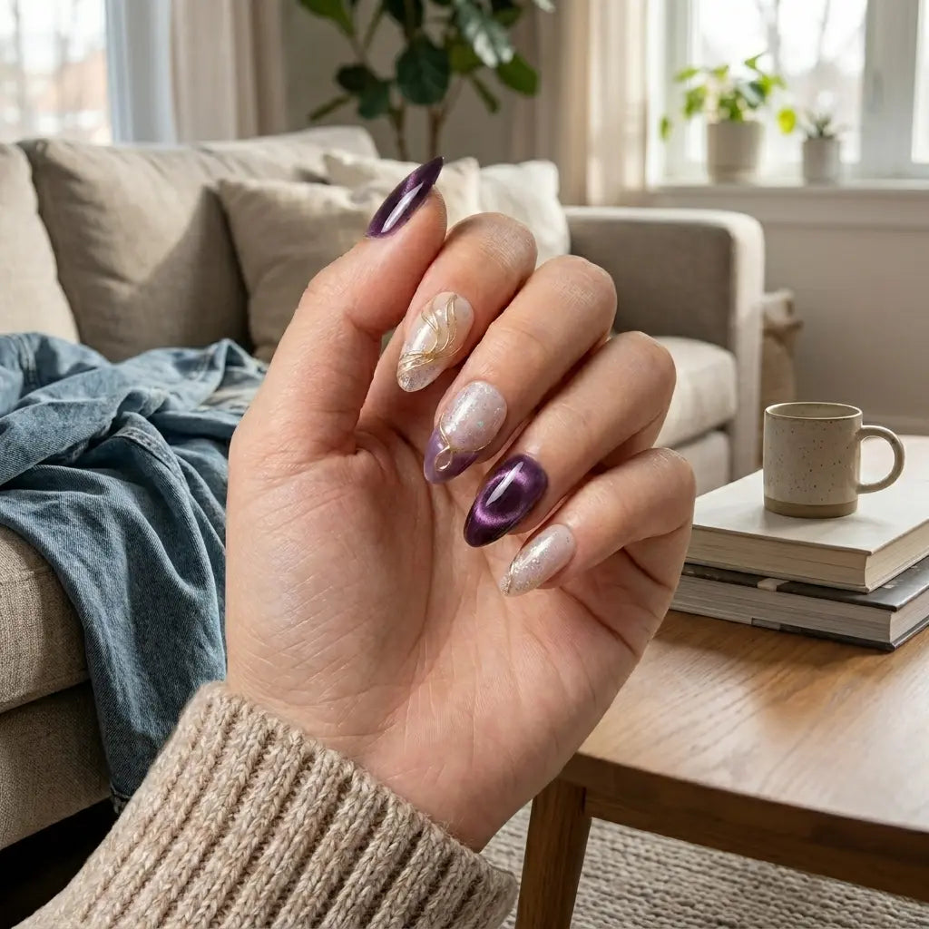 purple nude 3d cat eye almond press on nails gold wave glitter lifestyle 01