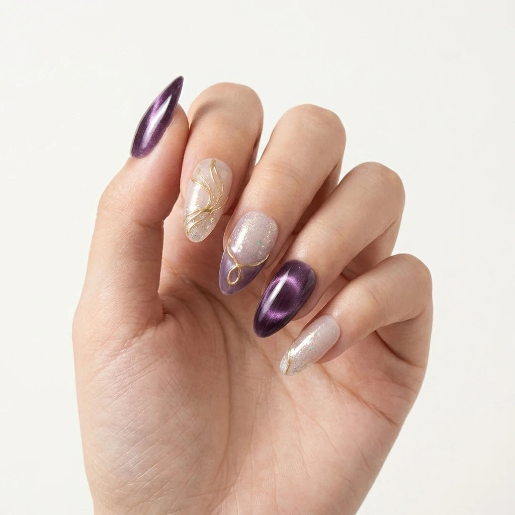 purple nude 3d cat eye almond press on nails gold wave glitter mockup 01