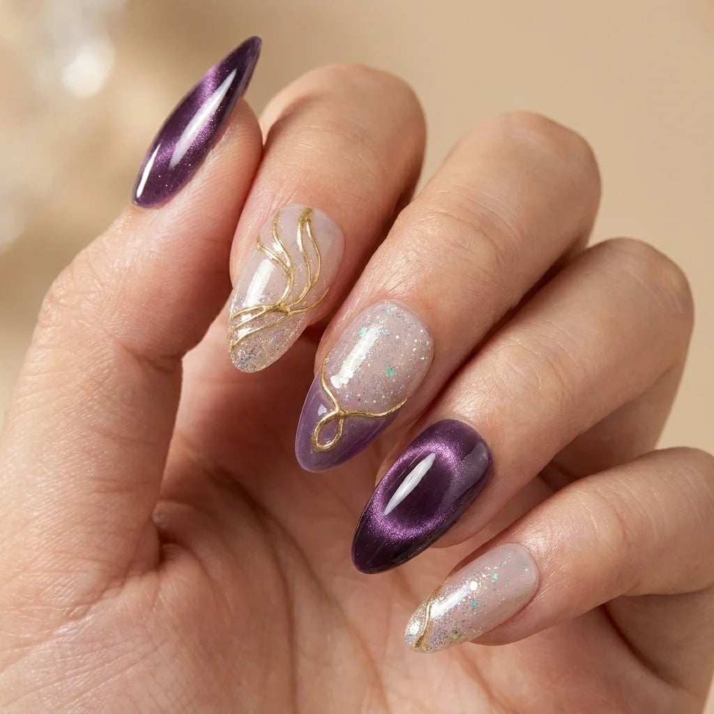 purple nude 3d cat eye almond press on nails gold wave glitter mockup 02