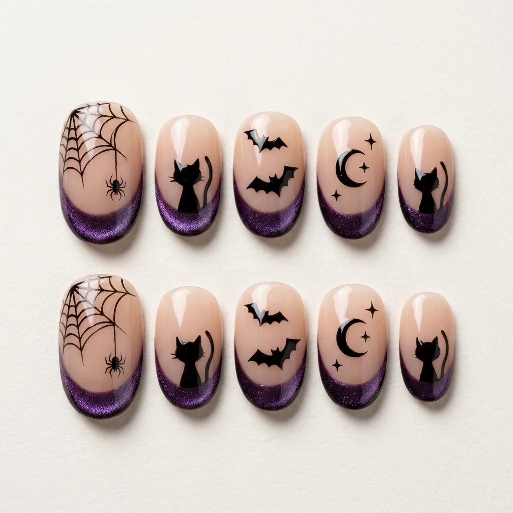purple nude black hand painted french tip halloween almond press on nails cat bat moon flat lay 04