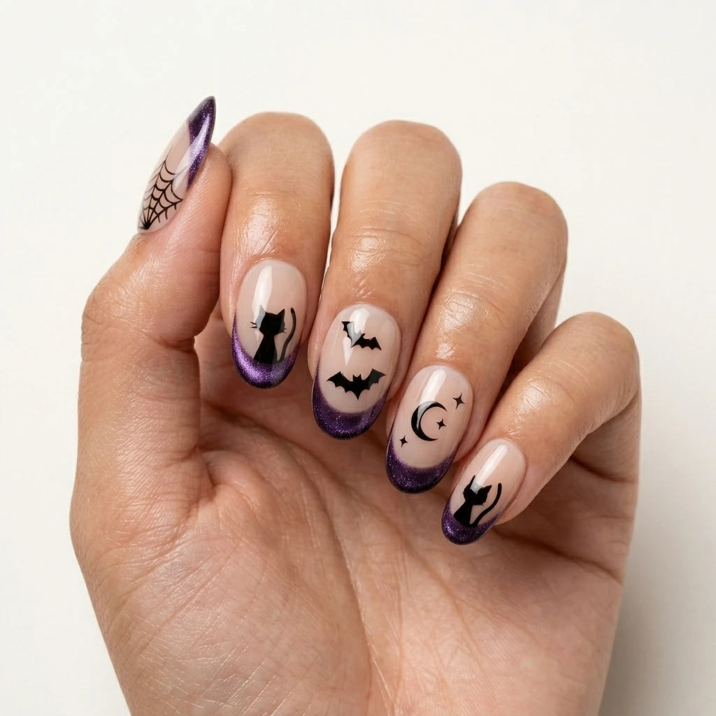 purple nude black hand painted french tip halloween almond press on nails cat bat moon lifestyle 02