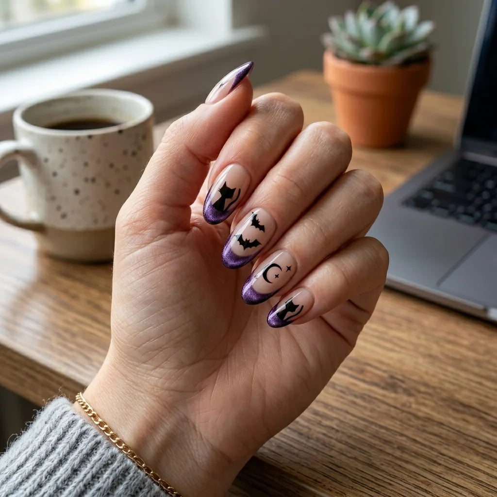purple nude black hand painted french tip halloween almond press on nails cat bat moon lifestyle 03