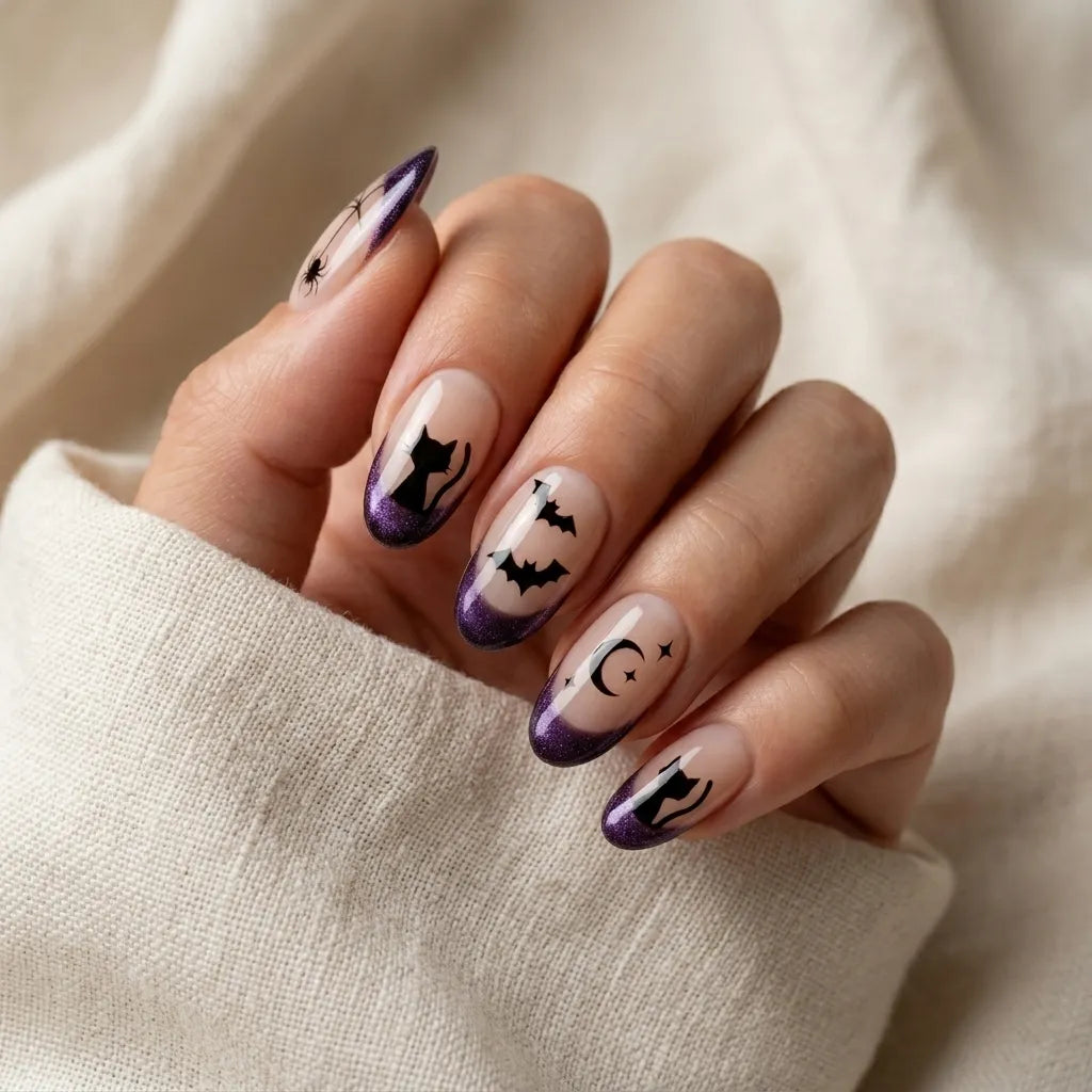 purple nude black hand painted french tip halloween almond press on nails cat bat moon mockup 01