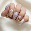 purple white 3d almond medium press on nails floral bow detail 01