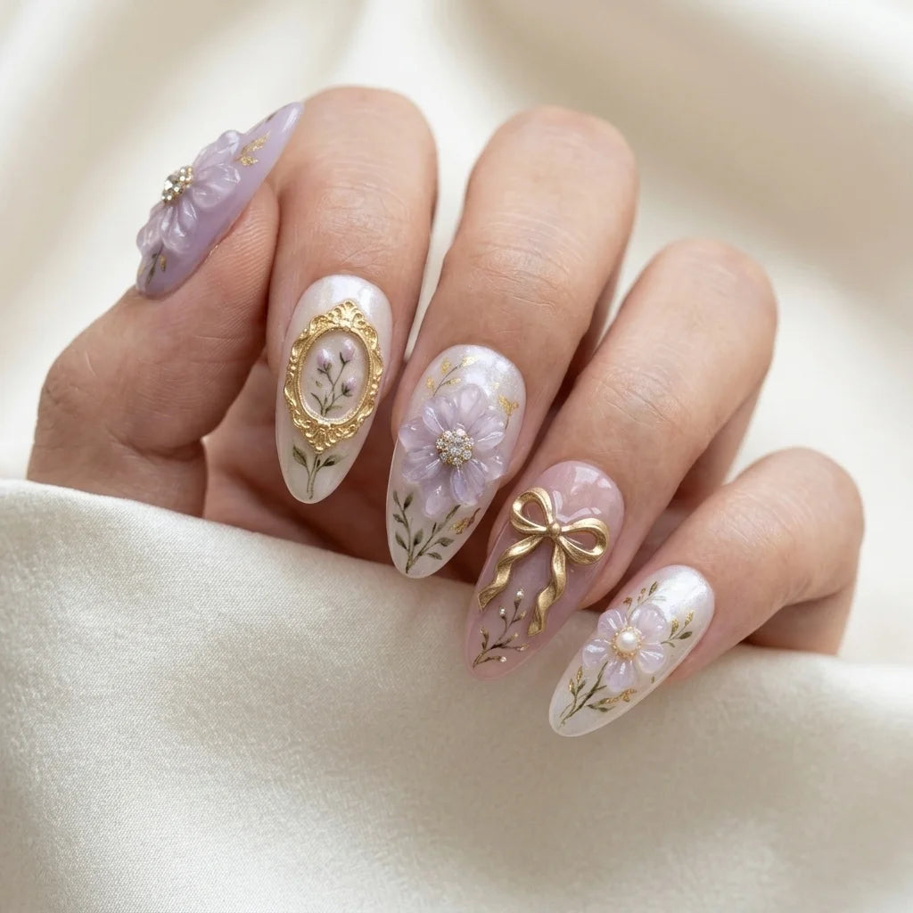 purple white 3d almond medium press on nails floral bow detail 01