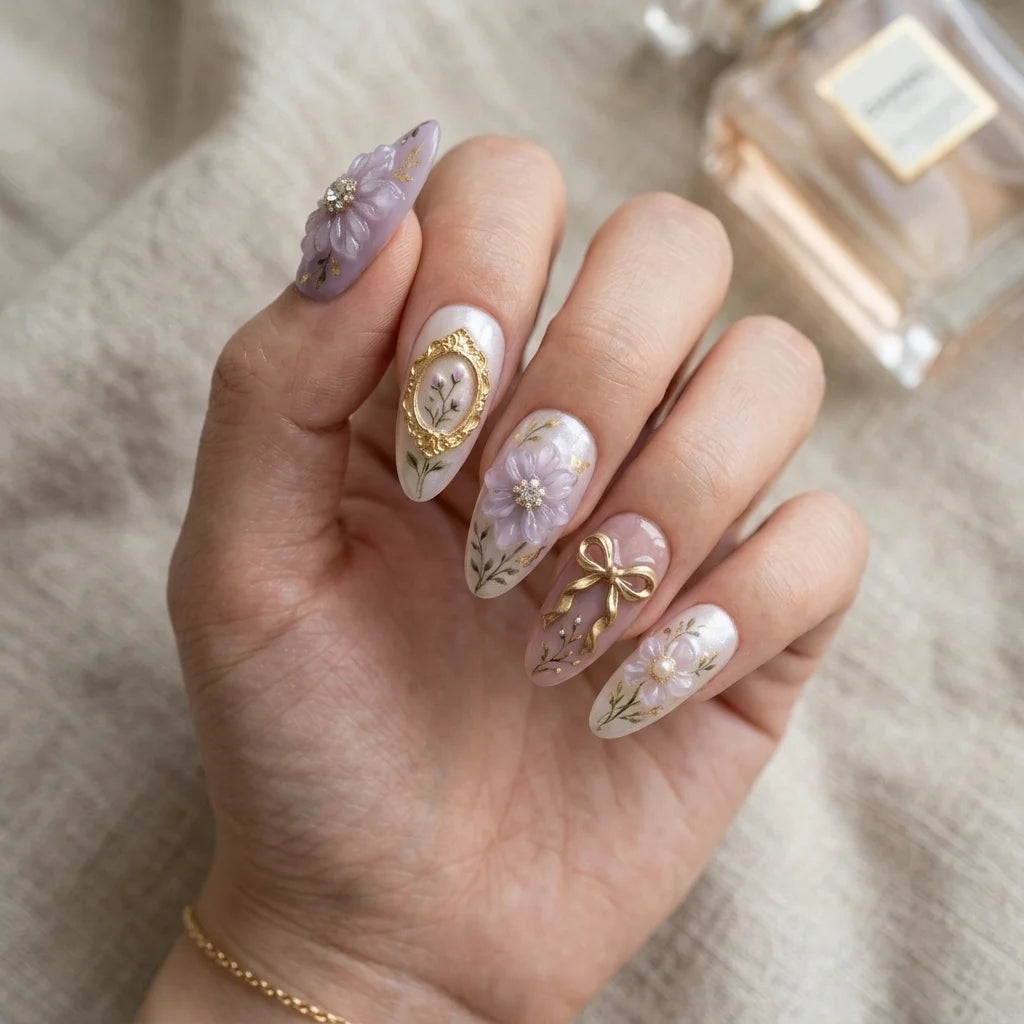 purple white 3d almond medium press on nails floral bow flat lay 01