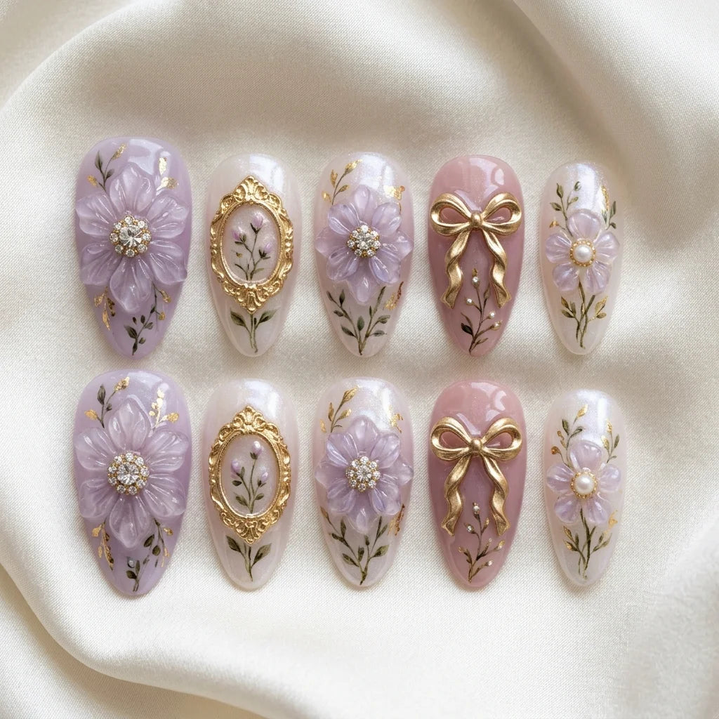 purple white 3d almond medium press on nails floral bow mockup 01