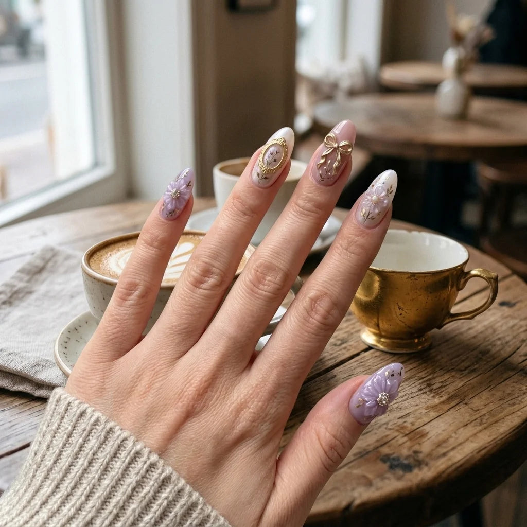 purple white 3d almond medium press on nails floral bow mockup 02