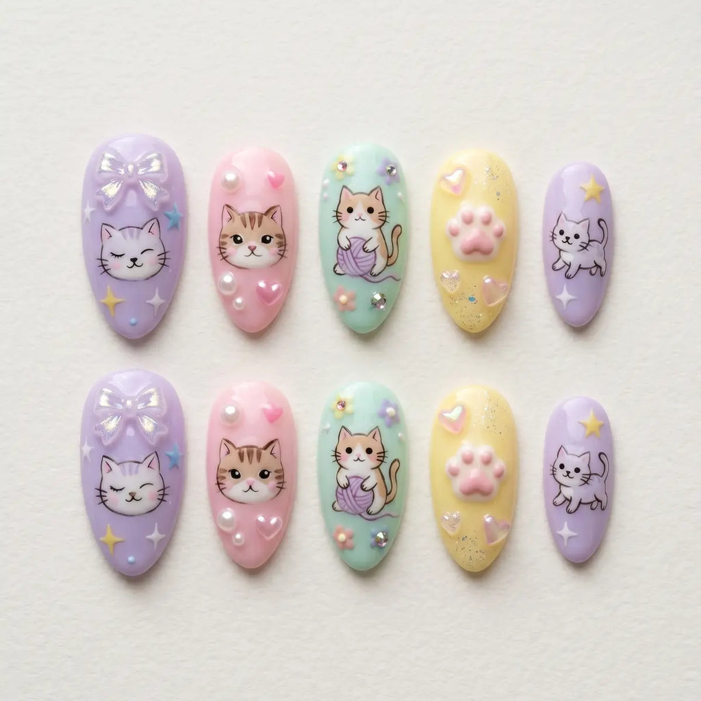 rainbow kitty 3d almond press on nails paws bow flat lay 01