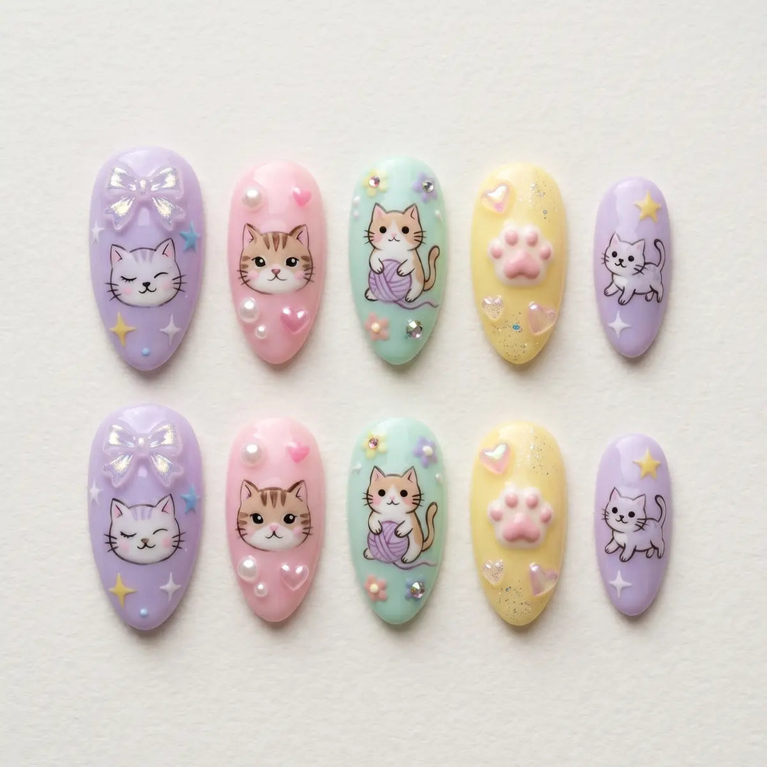 rainbow kitty 3d almond press on nails paws bow lifestyle 01