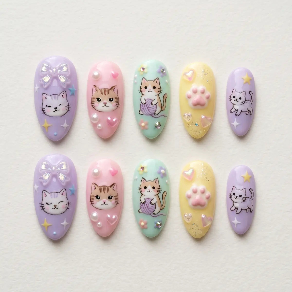 rainbow kitty 3d almond press on nails paws bow flat lay 01