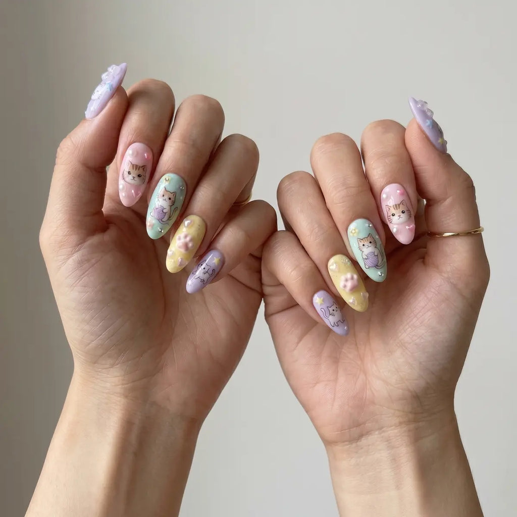rainbow kitty 3d almond press on nails paws bow lifestyle 01