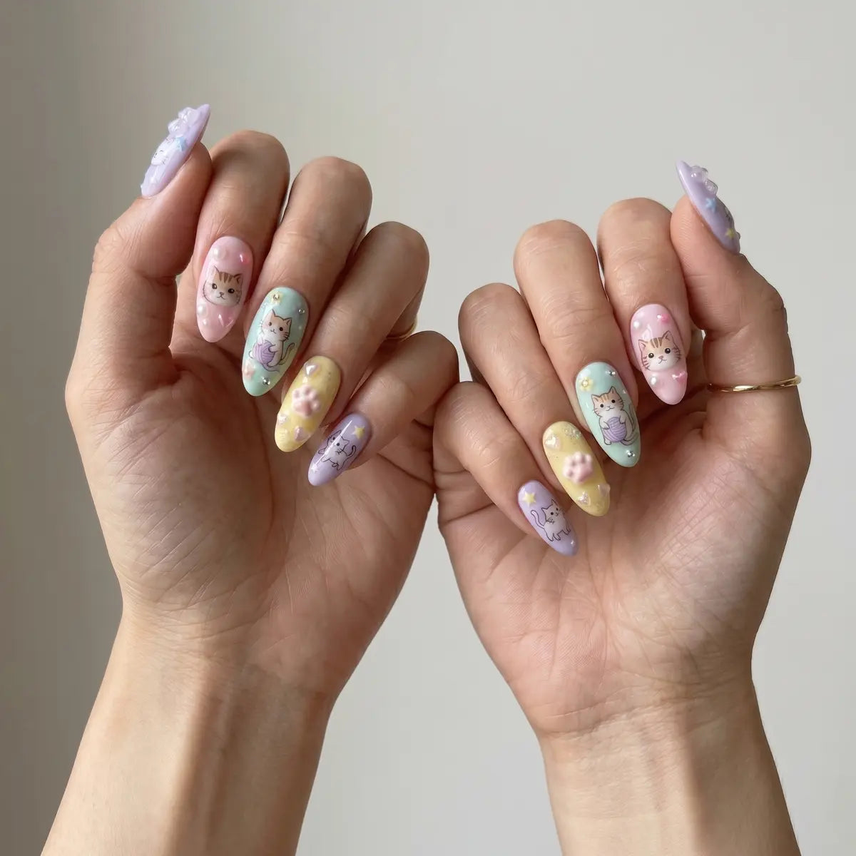 rainbow kitty 3d almond press on nails paws bow lifestyle 01