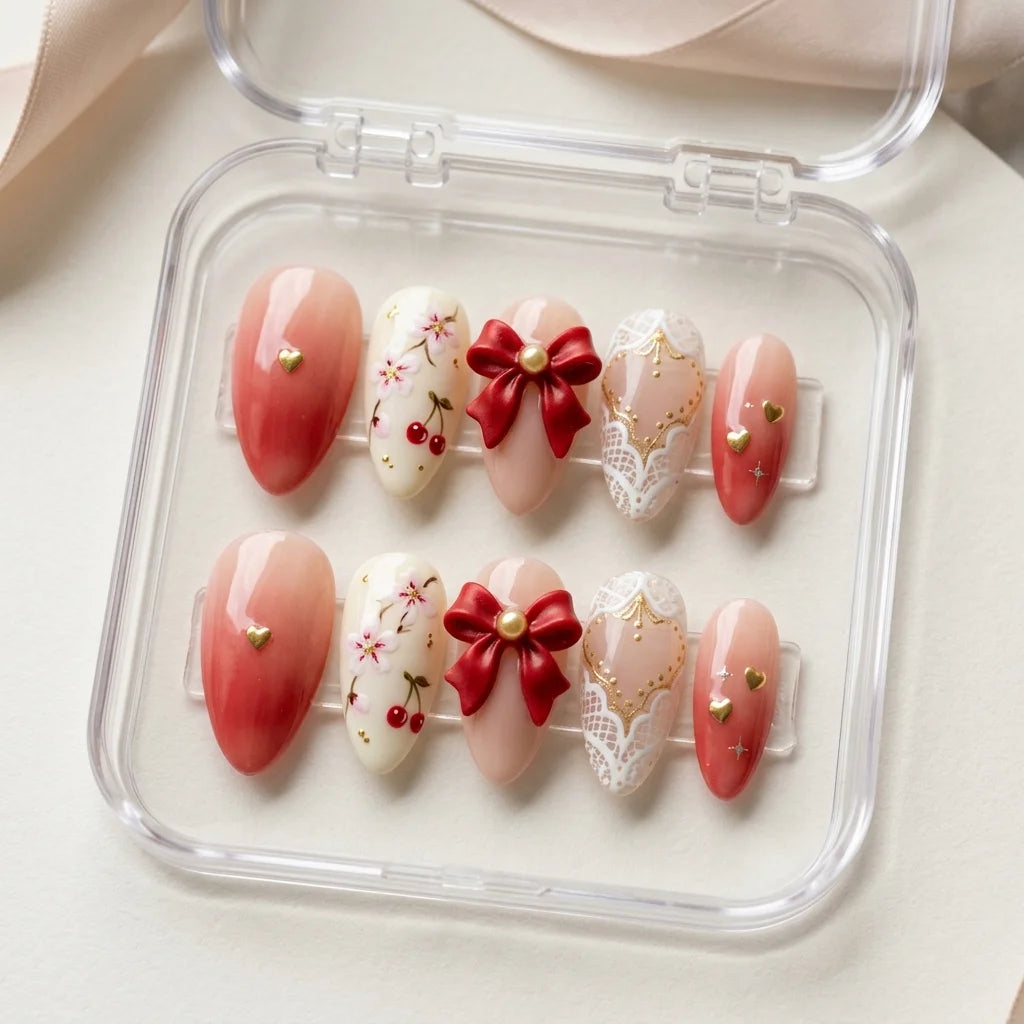 red 3d almond medium press on nails red ribbon bow cherry box 02
