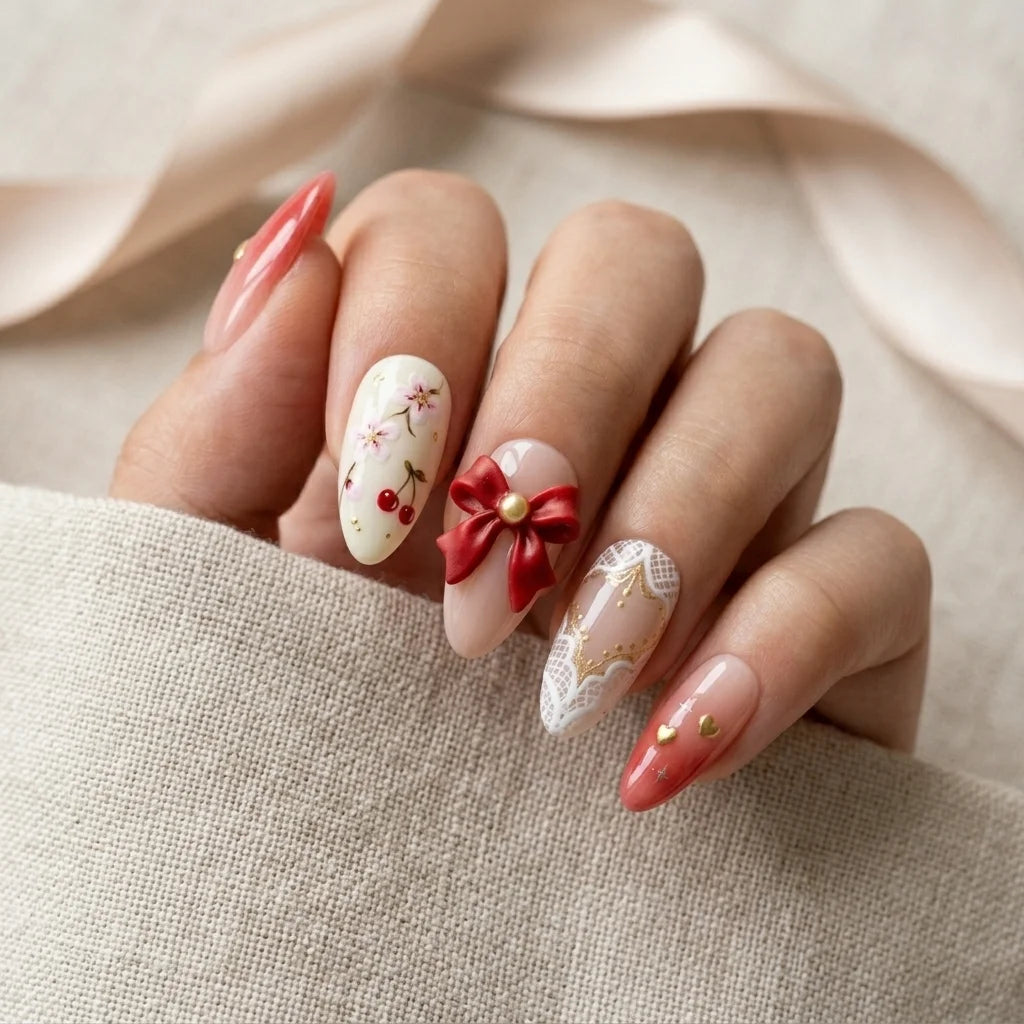 red 3d almond medium press on nails red ribbon bow cherry lifestyle 03