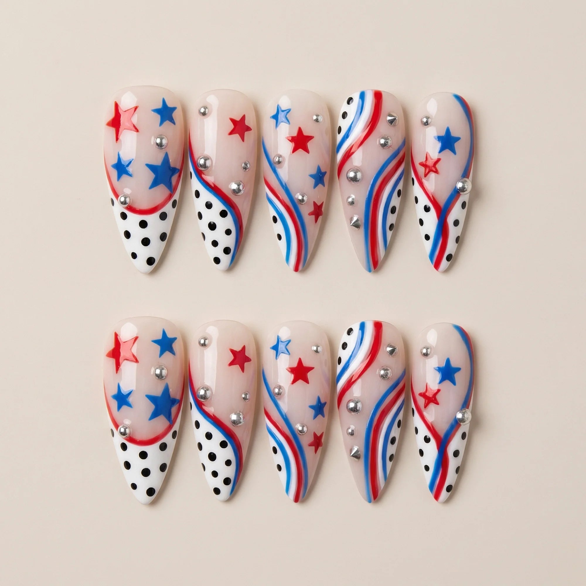 red blue hand painted 4th of july stiletto medium press on nails flat lay 01