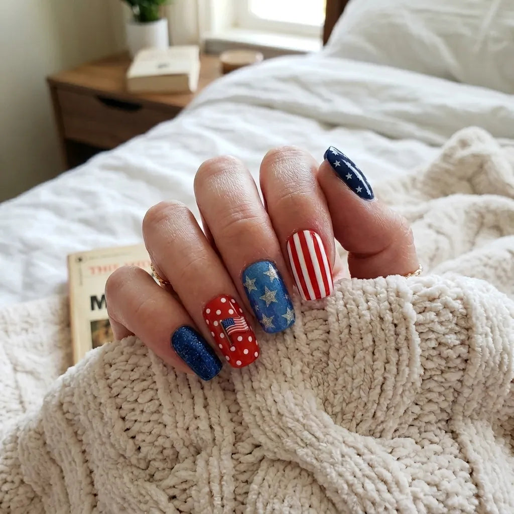 red blue white 4th july hand painted square short press on nails american flag polka dots detail 03