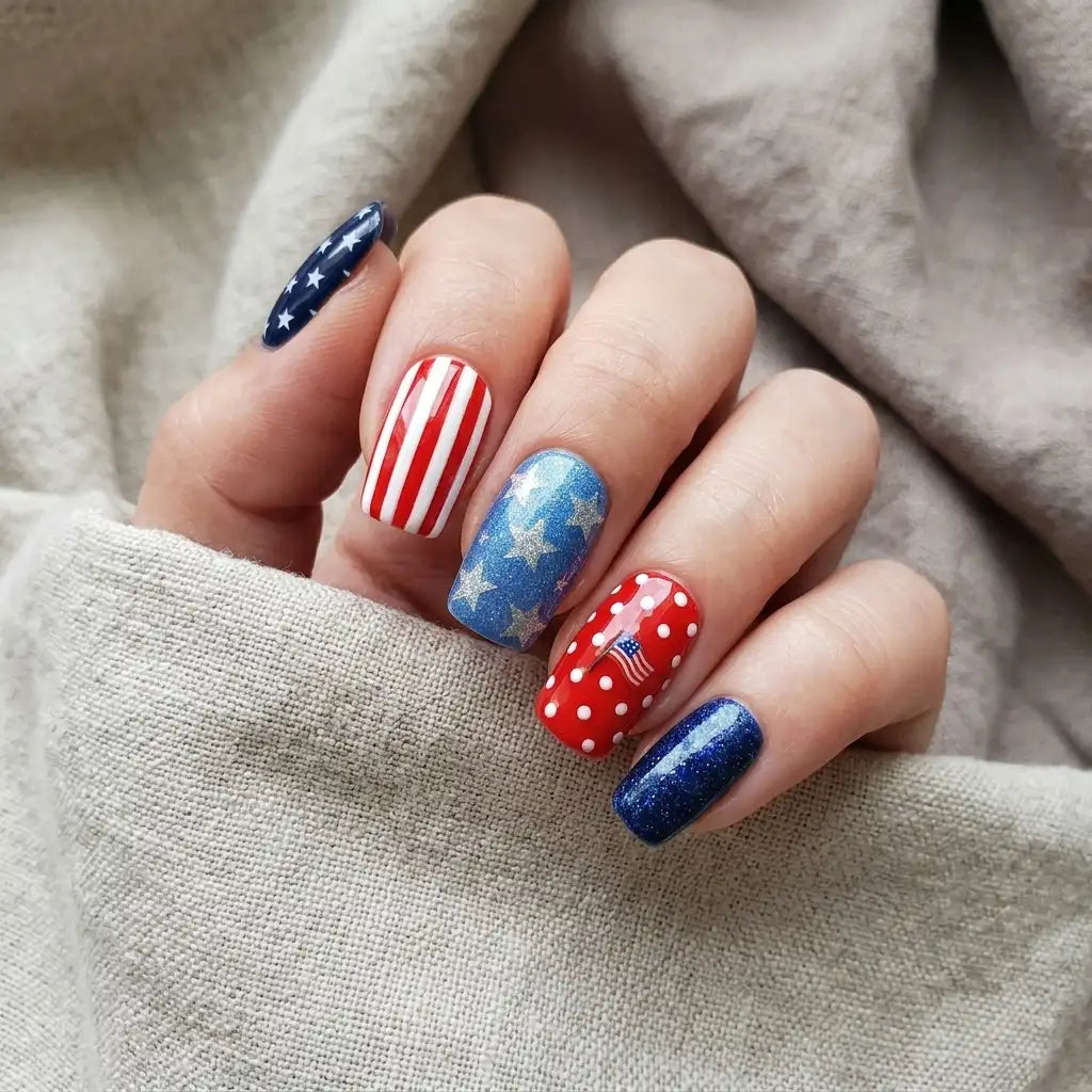 red blue white 4th july hand painted square short press on nails american flag polka dots flat lay 04