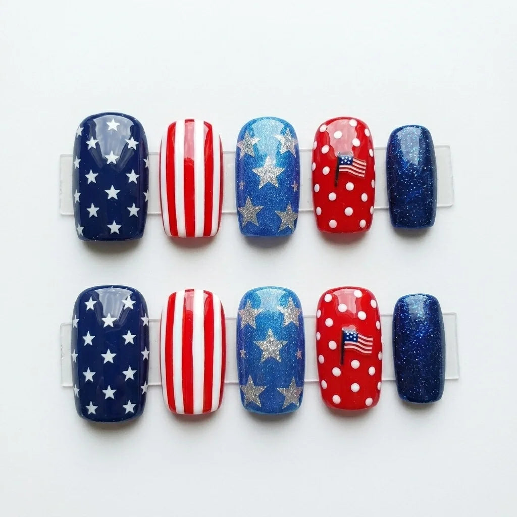 red blue white 4th july hand painted square short press on nails american flag polka dots mockup 01