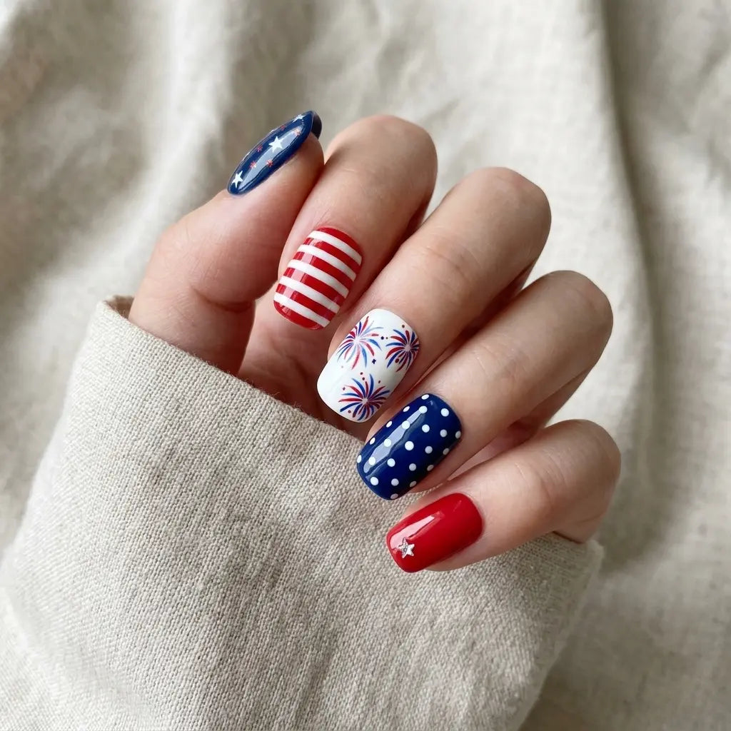 red blue white 4th july hand painted square short press on nails stripes polka dots detail 03