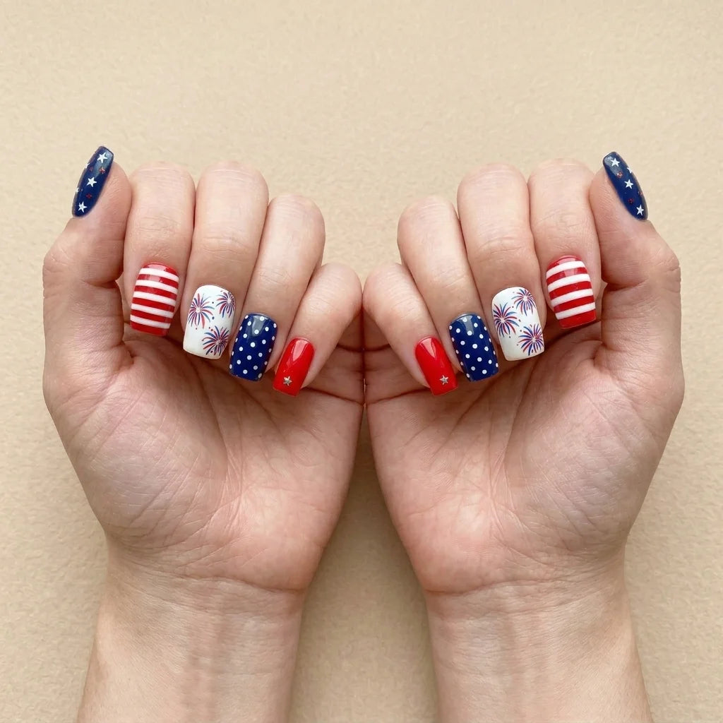red blue white 4th july hand painted square short press on nails stripes polka dots flat lay 04
